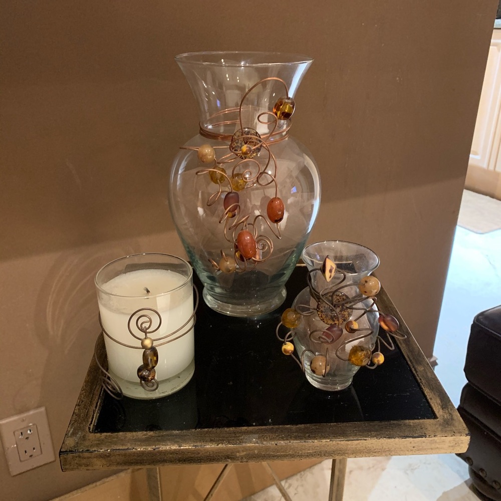 Vintage Home decor embellished vases and candle